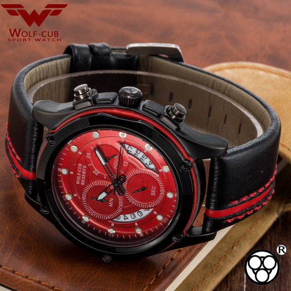 WOLF CUB Sport Chronograph Mens Watches Red Casual Leather Waterproof Date Quartz Watch Man Clock Relogio Masculino