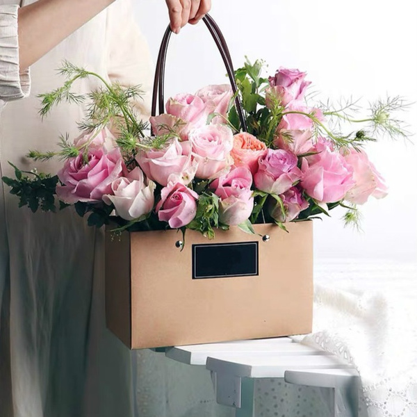 6PCS Flowers Carry Bag Kraft Paper Bags Rectangular Flower Box With Handle  Waterproof PVC Bouquet Florist Rose Party Decoration Boxes