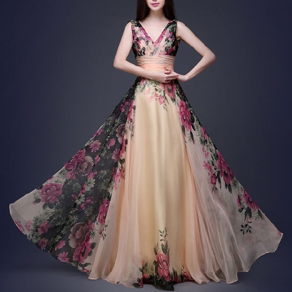 Women Long Chiffon Prom Dress V Neck A Line Floral Printed High