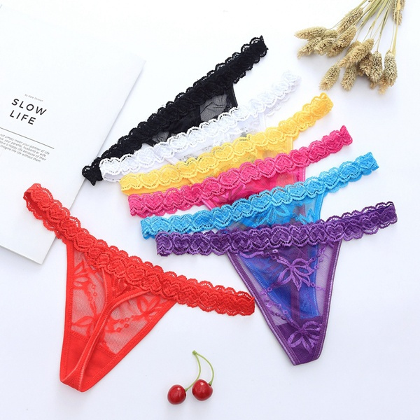 Ladies Sexy Lace Flowers Transparent Thong Women's Underwear