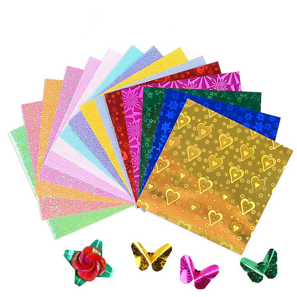 50pcs/set Square Origami Paper Single Side Shining Laser Folding Solid Color  Papers Kids Handmade DIY Scrapbooking Craft Decoration