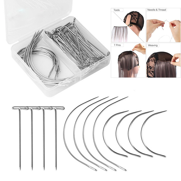 70pcs C Type Curved Mattress Needle and Tpins For Wig On Foam Head Style T  Pin Needle Canvas Mannequin Head Type Sewing Hair Salon With Box
