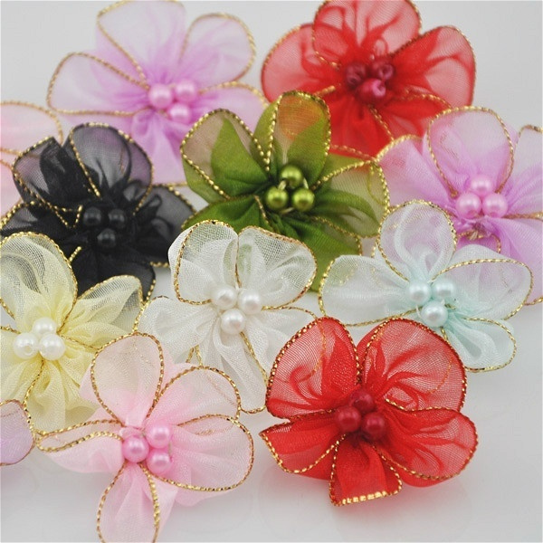 20pcs Organza Ribbon Flower w/Pearl Appliques/craft/Wedding decoration ...