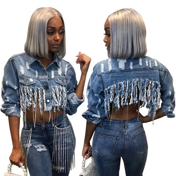 New Tassel Ripped Cropped Jean Jacket Women Autumn Chain Long