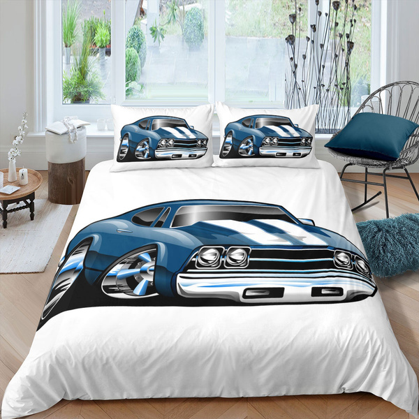Feelyou Kids Teens Comforter Cover Set Full Size 3 Pieces Classic Vintage American Muscle Car Duvet Cover Set Decorative Bedding Set 3D Red Car Bedspread Cover with 2 Pillow Shams Microfiber 