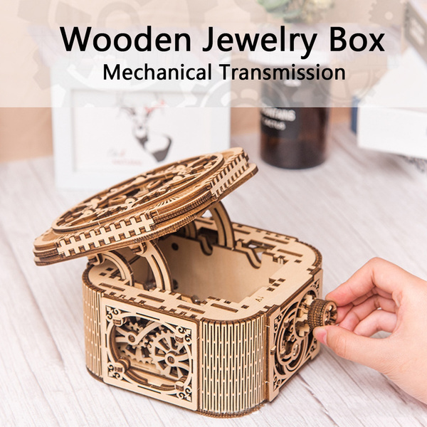 Wooden Jewelry Box Puzzle 3d Diy Mechanical Drive Model Transmission Gear Rotate Assembling Puzzles 3d Puzzle Educational Toys Home Office Decoration Toys Adults Wish