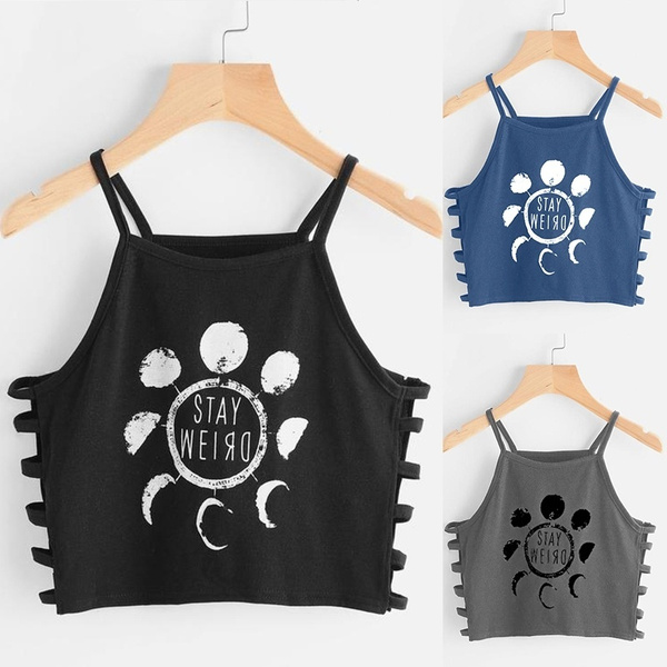 Girls Sweet Cute Tank Tops 2020 Summer Spaghetti Strap Side Hollow Out  Bandage Crop Tops Personalized STAY WEIRD Letter Printed Sleeveless T Shirts