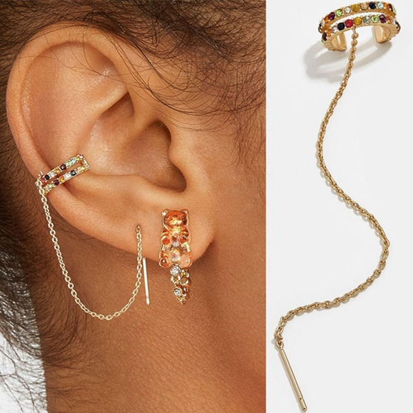 Crystal Flower Ear Clips Women Dangle Earrings Chain Clip Earrings Ear Cuff  | eBay