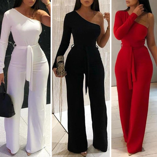 Women Stylish One Shoulder Solid Wide Leg Jumpsuit | Wish