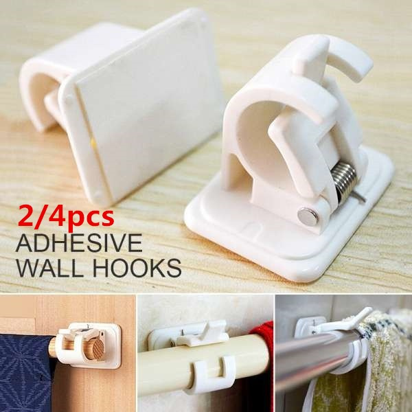 2 4pcs Self Adhesive Hooks Wall Mounted, Shower Curtain Rod Wall Mount Brackets