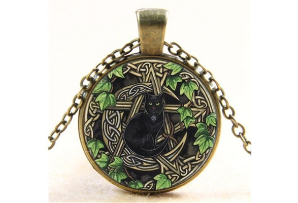 Wicca Black Cat Photo Cabochon Glass Black Chain Pendant  Necklace