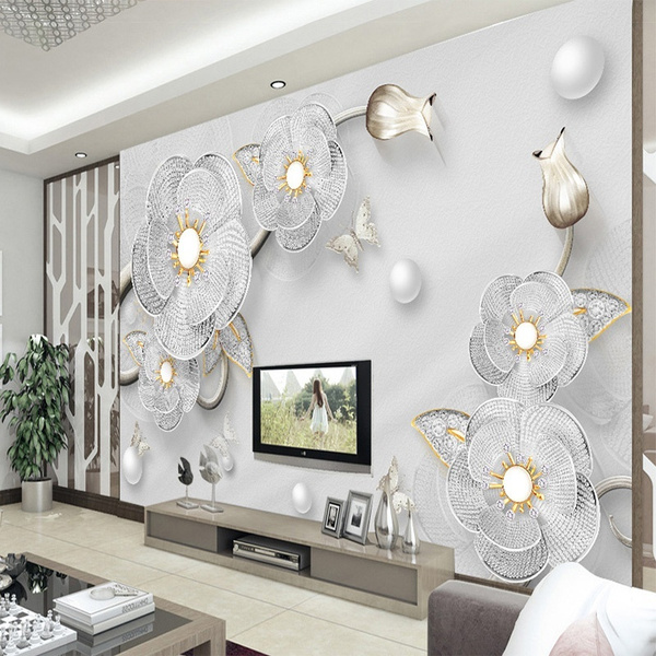 Mural Wallpaper 3d Diamond Flowers Jewelry European Style Luxury Wall Painting Living Room Tv Sofa Home Decor Wall Papers One Size Wish