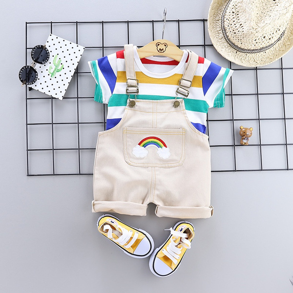 2020 Summer Baby Boys Clothes Set Rainbow Striped Cartoon Toddler Baby  Infant Girls Outfits T-Shirt+Bib Pants Kids Clothing Sets Tracksuit