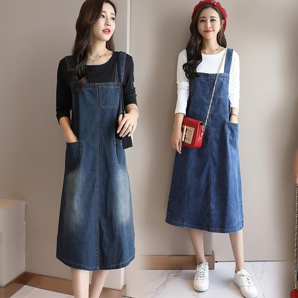 Amazon.com: Flygo Women's Mid Length Long Denim Jeans Jumpers Overall  Pinafore Dresses Skirt (Dark Blue, X-Small) : Clothing, Shoes & Jewelry