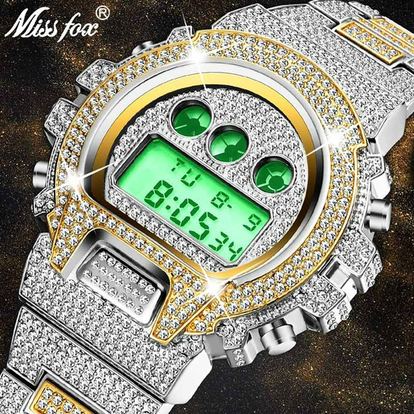 MISS FOX Men Luxury Full Diamond Watch G Style Men Led Digital