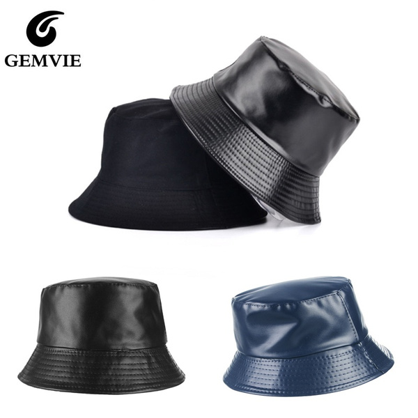 Fashion 2020 Reversible Korean Black Leather Men Bucket Hat Women