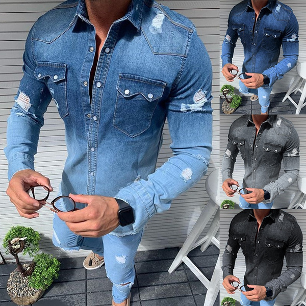 Casual Mens Denim Shirt Fashion Long 