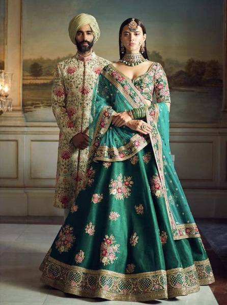 Sabyasachi Mukherjee Green Color Fine Art Silk Bridal Lehenga