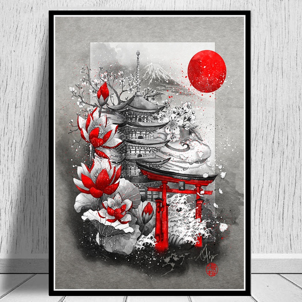 Large Japanese Poster and Painting Black White Red Nihonga Wall Mural Japan Landmark Buildings Picture Home Decor Canvas Art Painting for Living Room