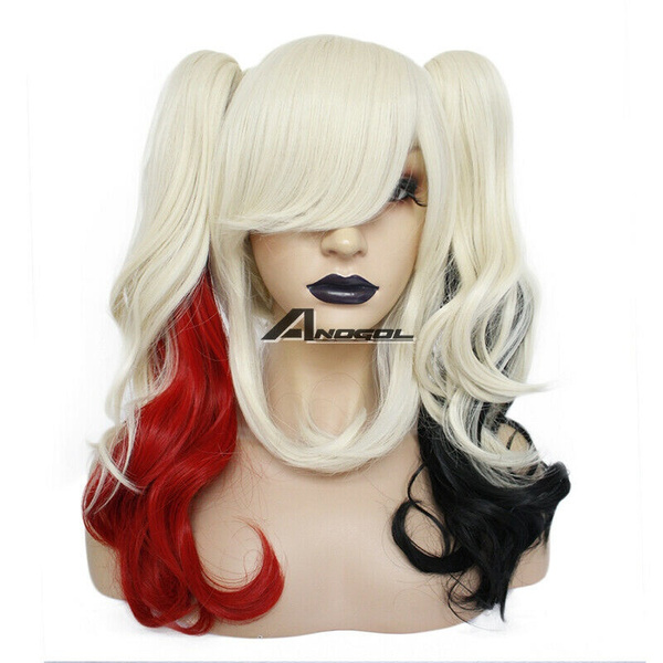 Harley Quinn Cosplay Wig Double Long Ponytail Wavy Anime Joker Costume Women