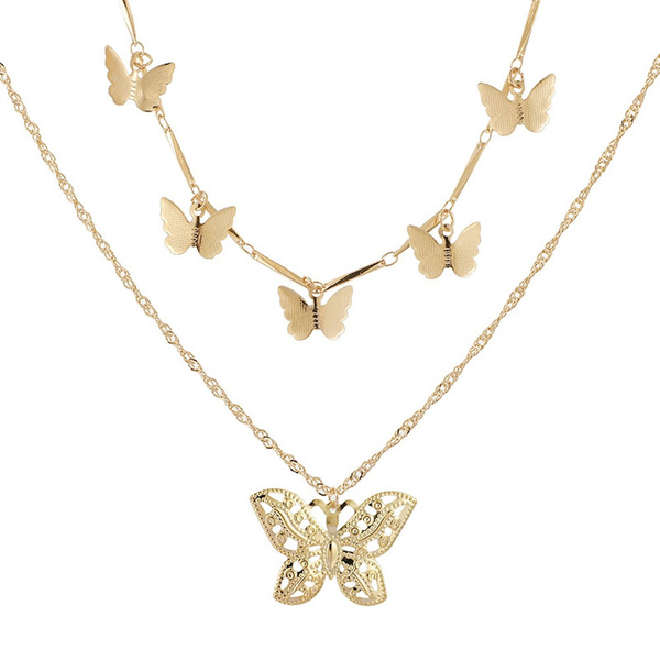 Download Simple Fashion Chain Choker Metal Double Layer Gold Color Butterfly Necklace Jewelry Accessories Wish