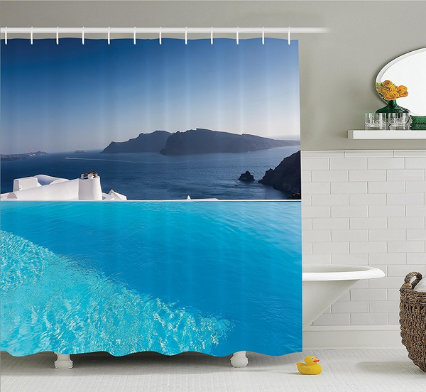Soft luggage tag House Decor Collection Luxury Resort Swimming Pool in Santorini Greece Mediterranean Panorama Photo Print Bendable Turquoise Blue W2.7 x L4.6 