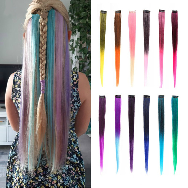 Colored Highlight Synthetic Hair Extensions Clip In One Piece Color Strips  20