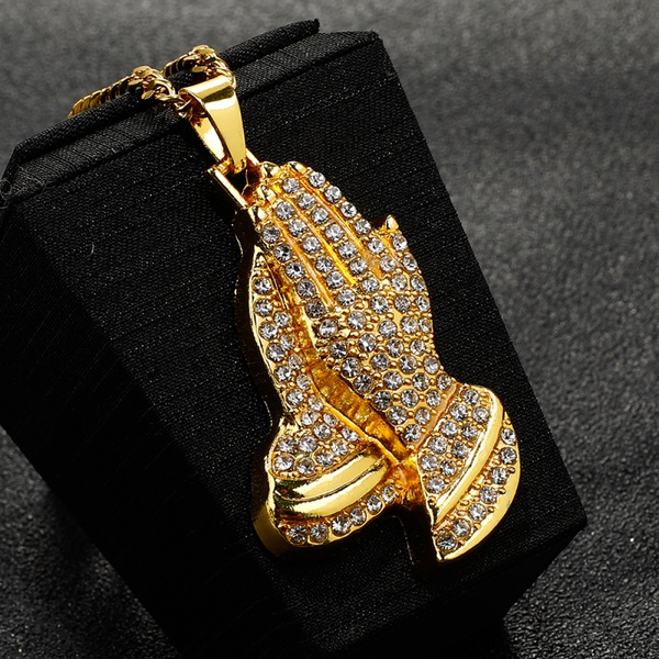 Men 18k Gold Praying Hands Pendant Necklaces Hip Hop Iced Out Diamond Necklace For Jewelry Gifts Wish - Praying Hands Diamond Pendant
