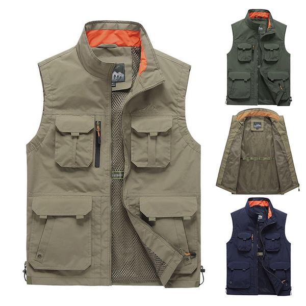 Outdoor Casual Mens Vest Multi-pockets Zipper Jackets Sleeveless