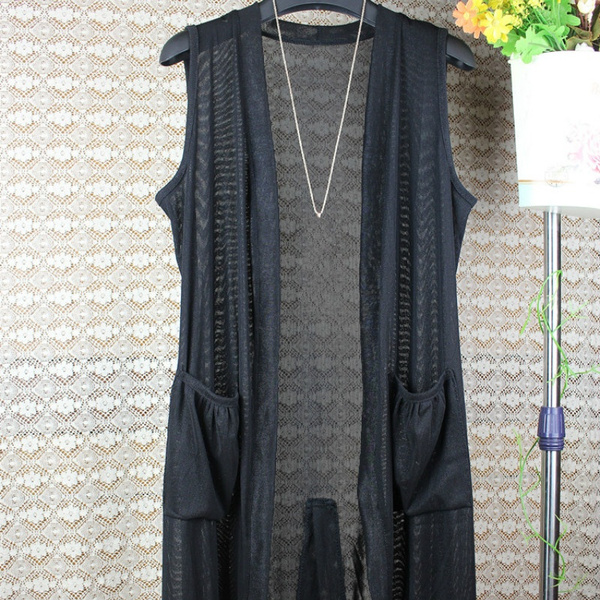 Women Sheer Knit Waistcoat Cardigan Sleeveless Jacket Coat Vest Asymmetric Summer Midi Slit