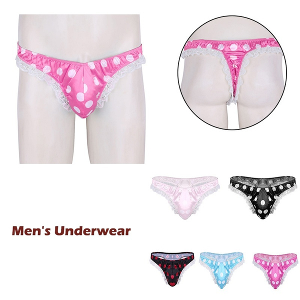 Men's Satin Panties Lace Trim Polka Dots Bikini Underwear