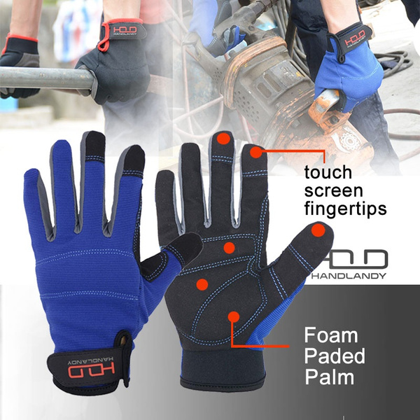 Handlandy Mens Work Gloves Touch screen, Synthetic Leather Utility Gloves,  Flexible Breathable Spendex - Padded Knuckles & Palm (Large)