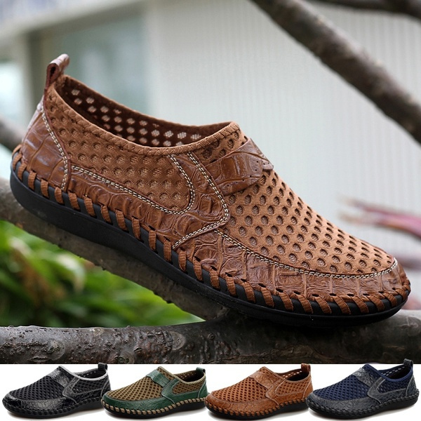 Mens Leather Casual Loafers Breathable Driving Moccasins Slip On Mesh Shoes Size