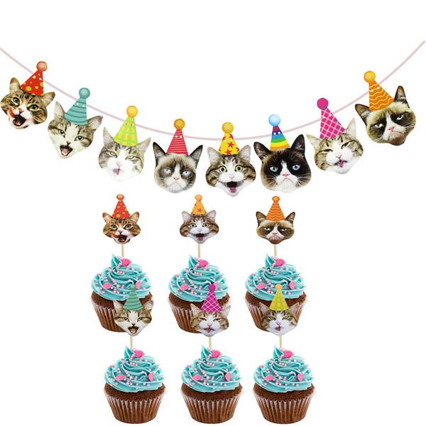 cute cat bunting banner garland pet cat party decoration cat cupcake ...