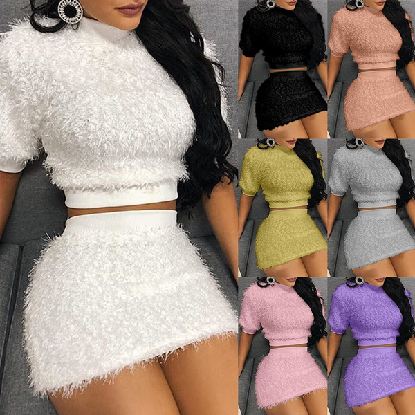 fur two piece skirt set