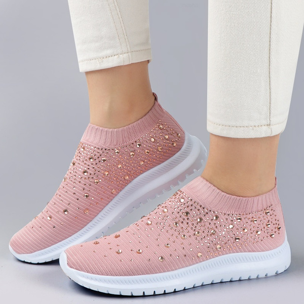 Women Knitting Crystals Sneakers Sparkly Casual Slip On Shoes