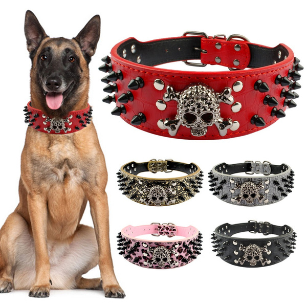 2" Wide Spiked Studded Leather Dog Collar Bullet Rivets With Cool Skull