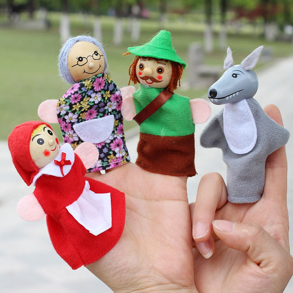 4pcs Lot Kids Finger Puppets Doll Plush Toys Little Red Riding Hood Wooden Headed Fairy Tale Story Telling Hand Puppets Wish