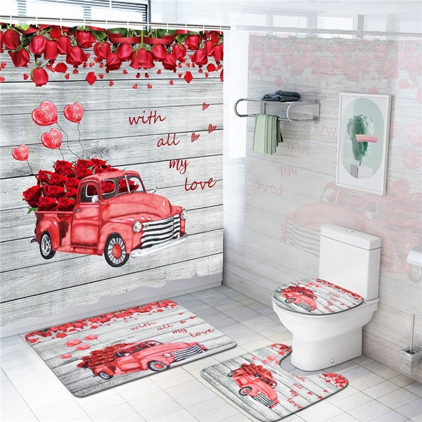 Red Truck Valentine Shower Curtain Set With Romantic Rose Flower Hearts Balloons Love Bathroom Sets With Non Slip Rug Toilet Lid Cover Bath Mat And 12 Hooks Wish