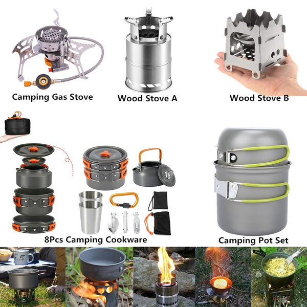 Camping Cookware Kit Camping Cookware Mess Cooking Kit Portable Camping Wood Stove with Pot Pan Stove Kit for 2 to 3 People Camping Hiking Picnic Green 17pcs 