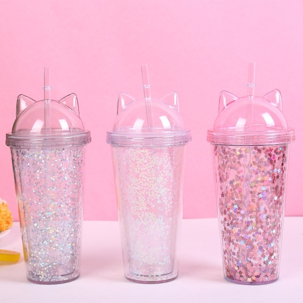 1pc Glitter Tumbler With Car Ear Lid And Straw Double Walled Water