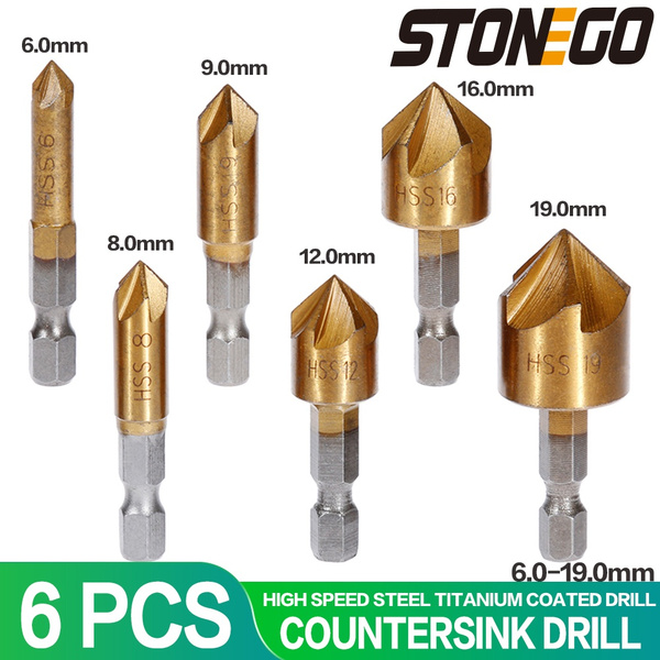6PCS 6mm-19mm Countersink Drill Bit Set 5 Flute 1/4" Hex Shank Chamfering Cutter