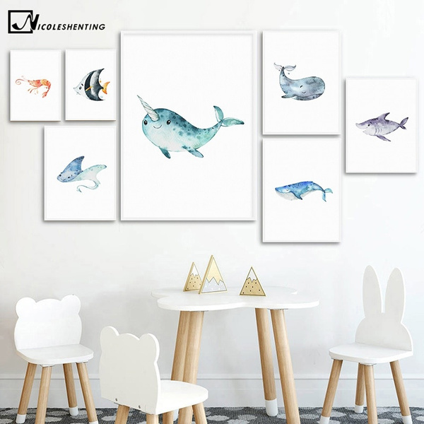 Nautical Sea Nursery Painting Whale Shark Fish Canvas Poster Animal Art  Print Wall Picture Nordic Kids Baby Bedroom Decoration No Frame