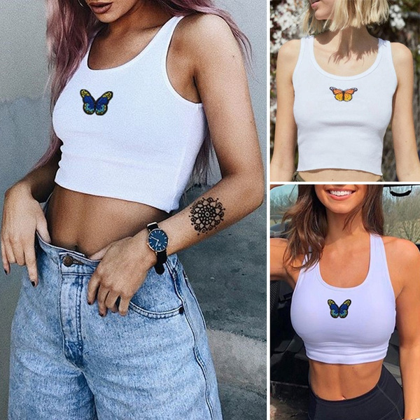 flydende træfning Forsøg Summer Fashion White Camisole Crop Top Butterfly Embroidery Tank Tops  Sleeveless Cotton T-Shirt Beachwear | Wish