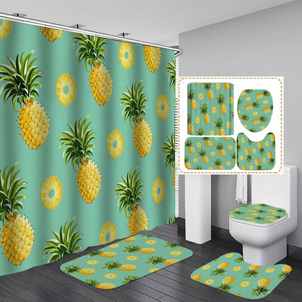 Yellow Pineapple Pattern Shower Curtain Bath Mat Toilet Cover Rug Bathroom Decor 