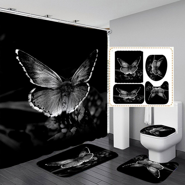 Black Butterfly Shower Curtain Bath Mat Toilet Cover Rug Beautiful Bathroom Decor Set Wish