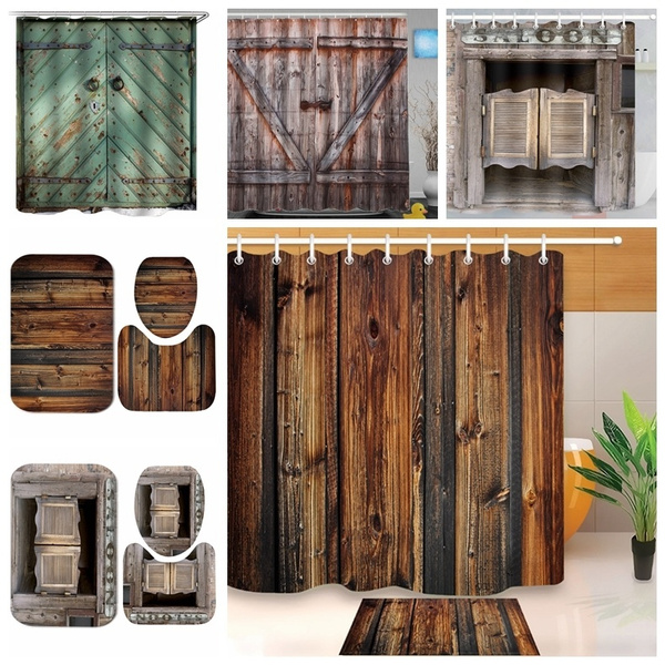 4 Types Wooden Door Bathroom Set Waterproof 180x180cm Shower Curtain ...