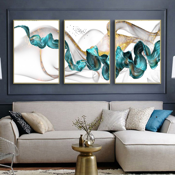 Nordic Abstract Color Spalsh Blue Golden Canvas Painting Poster and ...