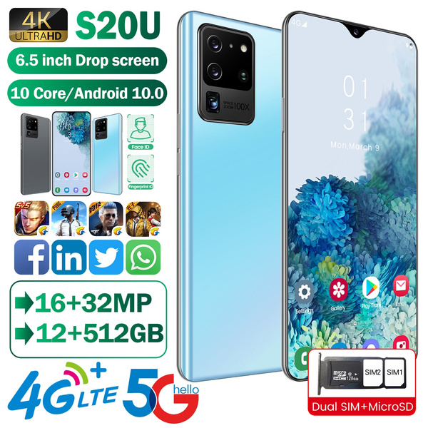 New Android 10.0 Smartphone S20U with 12+512GB Recognition Smartphone 4G/5G  Dual Sim Cards Bluetooth Wifi Camera Mobile Phone Android 10.0Ten Core | 