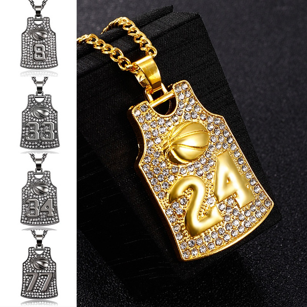 Mens #24 #23 #8 #33 #77 #34 Basketball Rhinestone Necklace Pendant  Stainless Steel Chain Men Basketball Fans Charm Necklaces Sport Hip Hop  Jewelry | 